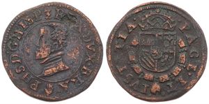 Spanish Netherlands, Philip II, 1 Statenoord Copper ND (1577-1585), Bust left within circle / Crowned arms, VH 381.AN - Antwerp, A.VF