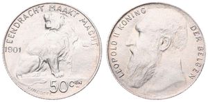 Belgium, Kingdom, Leopold II, 50 Centimes Silver 1901FL, Seated lion left, Morin 193, A.XF