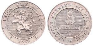 Belgium, Kingdom, Leopold I, 5 Centimes Copper-Nickel 1863, Rampant lion within circle left, Morin 139, UNC