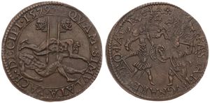 Spanish Netherlands, Philip II, Token in Copper 1579, Exhortation to continue the war against Spain : Praestat. Pvgnare. Pro. Pat. R. Ia. / Qvam. Simvlata. Pace. Decipi, Dugniolle 2779, XF 