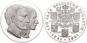 Belgium, Kingdom, Baudouin I, Medal in Silver 1981 by V.B., 150 Years Belgian Dynasty, Conjoined busts of King Leopold I & Queen Louis-Maria / Belgian Coat of Arms, PROOF 