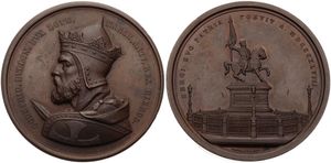Belgium, Kingdom, Leopold I, Medal in Bronze 1848 by Hart, Inauguration du Statue de Godefroid de Bouillon, Armored and helmeted bust left / Equestrian Statue, XF