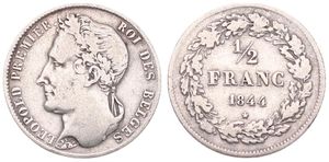 Belgium, Kingdom, Leopold I, 1/2 Franc Silver 1844, Laureate head left, Morin 34, VF