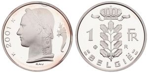 Belgium, Kingdom, Albert II, Restrike : 1 Franc Silver 2001FL, Head of Ceres left, GR-BR 3984, PROOF 