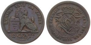 Belgium, Kingdom, Leopold I, 2 Centimes Copper 1834, Seated lion with tablet, Morin 88a, SCARCER DATE & WITH DOT AFTER BRAEMT F, A.XF