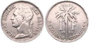 Belgian Congo, Colony, Albert I, 1 Franc Copper-Nickel 1928, Laureate head of the King left, KM 21 Flemish Legend, VF