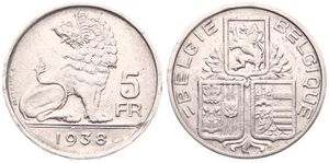 Belgium, Kingdom, Leopold III, 5 Francs Nickel 1938FL/FR (Position A), Seated lion right looking left, Morin 455c, RARE DATE, (Edge lettering with star), VF/XF