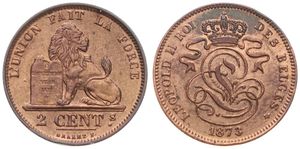 Belgium, Kingdom, Leopold II, 2 Centimes Copper 1873FR, Seated lion with tablet, Morin 209, A.UNC