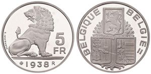 Belgium, Kingdom, Leopold III, Restrike : 5 Francs Silver 1938FR/FL, Seated lion, GR-BR 3976, PROOF