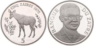 Zaire, Republic, 5 Zaires Silver 1975, Conservation - Okapi left, KM 10, PROOF