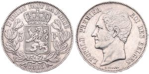 Belgium, Kingdom, Leopold I, 5 Francs Silver 1865, Bare head left, Morin 45b, VARIETY WITH DOT AFTER F, VF+