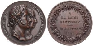 Belgium, Kingdom, Leopold I, Medal in Bronze 1843, Visit of Queen Victoria to Belgium, Conjoined busts of Leopold I and Louise of Orleans right / Legend in 5 lines within wreath, XF