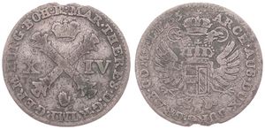 Austrian Netherlands, Maria Theresia, 14 Liards Silver 1755(h), Burgundian cross divides value, KM 18 Antwerp, Fine