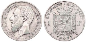 Belgium, Kingdom, Leopold II, 1 Franc Silver 1887FL, Bearded head left, Morin 179, A.VF