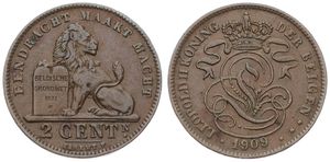 Belgium, Kingdom, Leopold II, 2 Centimes Copper 1909FL, Seated lion with tablet, Morin 218, SCARCE DATE !, VF