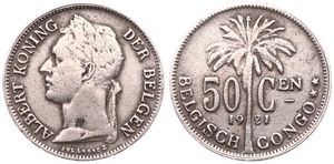 Belgian Congo, Colony, Albert I, 50 Centimes Copper-Nickel 1921, Laureate head of the King left, KM 23 Flemish Legend, VF