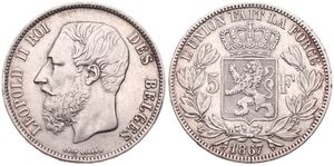 Belgium, Kingdom, Leopold II, 5 Francs Silver 1867, Bearded head left, Morin 154, VERY RARE VARIETY WITH WIEEER IN STEAD OF WIENER !!, VF