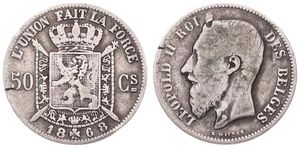 Belgium, Kingdom, Leopold II, 50 Centimes Silver 1868FR, Bearded head left, Morin 182, RARE KEY DATE & VARIETY : DASH BELOW CROWN !, A.Fine