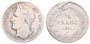 Belgium, Kingdom, Leopold I, 1/4 Franc Silver 1834, Laureate head left, Morin 35, A.VF