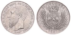 Congo Free State, Royal Domain, Leopold II, 50 Centimes Silver 1887, Bearded head left, KM 5, KEY DATE, A.UNC