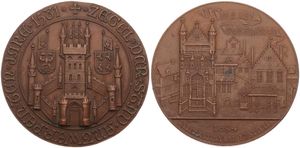 Belgium, Kingdom, Leopold II, Medal in Bronze 1894 by J. Baetes, Internationaal Festival, Dit is't oud Stadhuis, Arms of the City of Antwerp / View on the City Hall, XF
