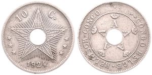 Belgian Congo, Colony, Albert I, 10 Centimes Copper-Nickel 1924, Center hole flanked by crowned monograms within beaded circle, KM 18, VF 