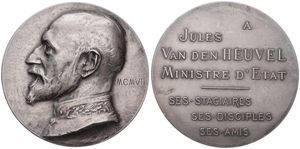 Belgium, Kingdom, Leopold II, Medal in Silver 1907 by Jules Lagae, For Jules van den Heuvel - Ministre d'Etat, Bust of the Minister left / Legend in 7 lines, XF