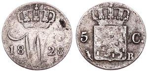 Netherlands, Kingdom, William I, 5 Cents Silver 1828B, Crowned arms, KM 52, (Brussels), Fine