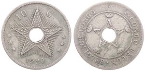 Belgian Congo, Colony, Albert I, 10 Centimes Copper-Nickel 1920, Center hole flanked by crowned monograms within beaded circle, KM 18, A.VF 