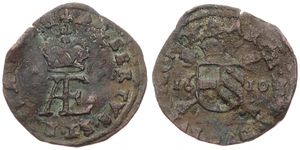 Spanish Netherlands, Albrecht & Isabella, 1 Dubbele Penning Copper 1610, Crowned monograms AE / Crowned arms on cross, VH 599.BG - Bruges, VF