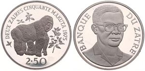 Zaire, Republic, 2-1/2 Zaires Silver 1975, Conservation - Mountain Gorillas, KM 9, PROOF