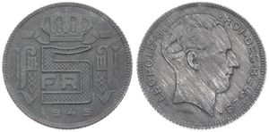 Belgium, Kingdom, Leopold III, 5 Francs Zinc 1945FR, Head right, Morin 474, A.UNC