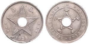 Belgian Congo, Colony, Albert I, 5 Centimes Copper-Nickel 1925/3, Center hole flanked by crowned monograms within beaded circle, KM 17, XF 