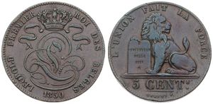 Belgium, Kingdom, Leopold I, 5 Centimes Copper 1850, Seated lion with tablet, Morin 77, LARGE 0 IN DATE, VF