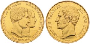 Belgium, Kingdom, Leopold I, 100 Francs (Medallic) Gold 1853, Marriage of the Duke and Dutchess of Brabant, Morin M/1a, (With dash between 21 & 22), VERY RARE ! XF (some edgenicks and slightly cleaned) (*)