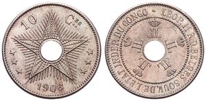 Congo Free State, Royal Domain, Leopold II, 10 Centimes Copper-Nickel 1906, Center hole flanked by crowned monograms within beaded circle, KM 10, A.UNC