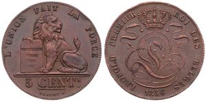 Belgium, Kingdom, Leopold I, 5 Centimes Copper 1856, Seated lion with tablet, Morin 82, XF (some edgenicks)