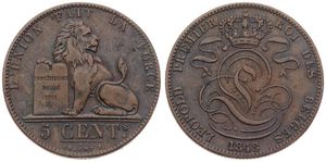 Belgium, Kingdom, Leopold I, 5 Centimes Copper 1848, Seated lion with tablet, Morin 75, VF/XF