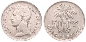 Belgian Congo, Colony, Albert I, 50 Centimes Copper-Nickel 1921, Laureate head of the King left, KM 22 French Legend, VF
