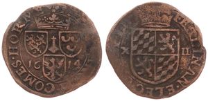 Liege, Bishoperic, Ferdinand, XII (12) Sols (1/2 Liard) Copper 1614, Crowned arms divide denomination / Crown above three shields, KM 23, Fine