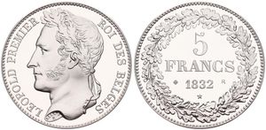 Belgium, Kingdom, Leopold I, Restrike : 5 Francs Silver 1832, Laureate head left, GR-BR 3962, PROOF