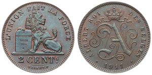 Belgium, Kingdom, Albert I, 2 Centimes Copper 1911FR, Seated lion with tablet, Morin 310, RARE DATE, UNC