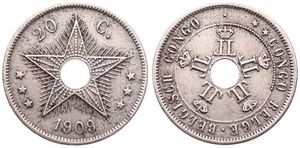 Belgian Congo, Colony, Leopold II, 20 Centimes Copper-Nickel 1909, Center hole flanked by crowned monograms within beaded circle, KM 14, VF