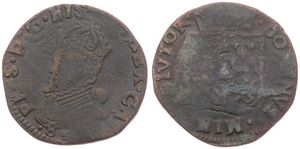 Spanish Netherlands, Philip II, 1 Oord Copper 1586, Crowned bust left / Crowned arms, VH 321.AR - Arras, Fine
