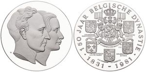 Belgium, Kingdom, Baudouin I, Medal in Silver 1981 by V.B., 150 Years Belgian Dynasty, Conjoined busts of King Leopold III & Queen Astrid / Belgian Coat of Arms, PROOF 