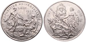 Belgium, Kingdom, Leopold II, Medal in Copper-Nickel 1905 by A. Michaux, Exposition Universelle de Liège, Woman hands a branch to a seated miner / Woman and lion left, A.UNC
