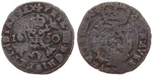 Spanish Netherlands, Philip IV, 1 Duit Copper 1650, Crowned title on cross / Crowned arms, VH 654.BG - Bruges, Fine