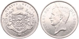 Belgium, Kingdom, Albert I, 20 Francs (4 Belgas) Nickel 1931FR (Position A), Head left, Morin 376a, XF