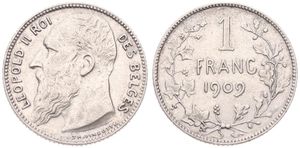 Belgium, Kingdom, Leopold II, 1 Franc Silver 1909FR, Bearded head left, Morin 200, VF