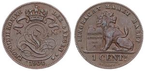 Belgium, Kingdom, Leopold II, 1 Centime Copper 1902/01FL, Seated lion with tablet, Morin 233a, XF